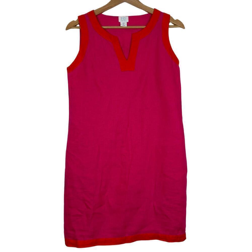 Sigrid Olsen 100% Linen Pink and Orange Color Block Shift Dress Sz. S